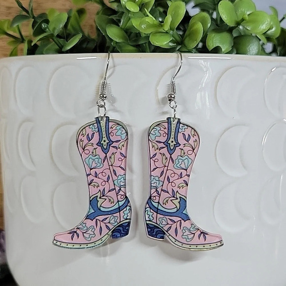 Bohemian Floral Western Boot Drop Earrings - Picture 1 of 5